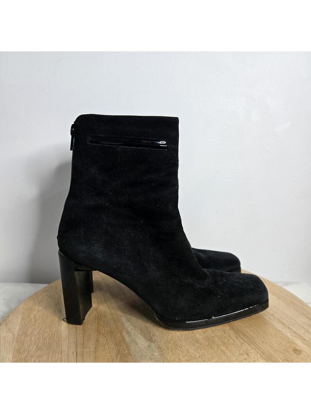 Stuart Weitzman Black Suede Ankle Boots Patent Leather Block Heel Booties 8B